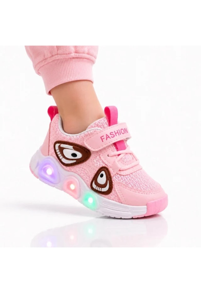 Pantofi sport cu lumini LED - Model Super Panda - Textil - Fete - Roz - Roz