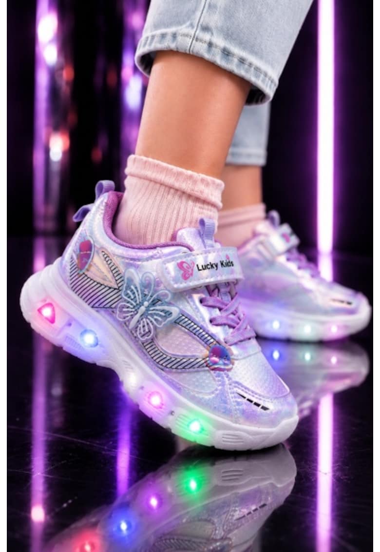 Pantofi sport cu lumini LED - Model Fluture - Piele ecologica - Fete - Mov - Multicolor