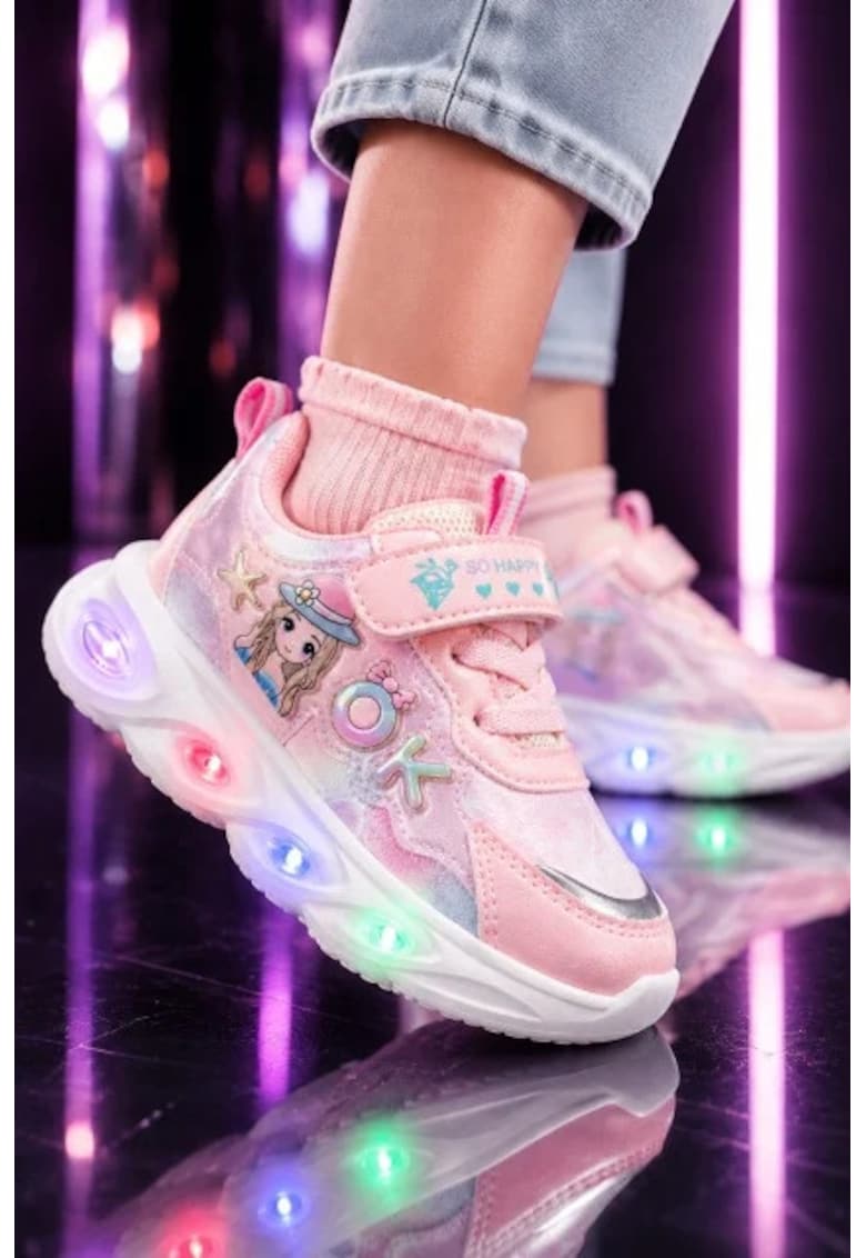 Pantofi sport cu lumini LED - Model Cute Doll - Piele ecologica - Fete - Roz - Roz