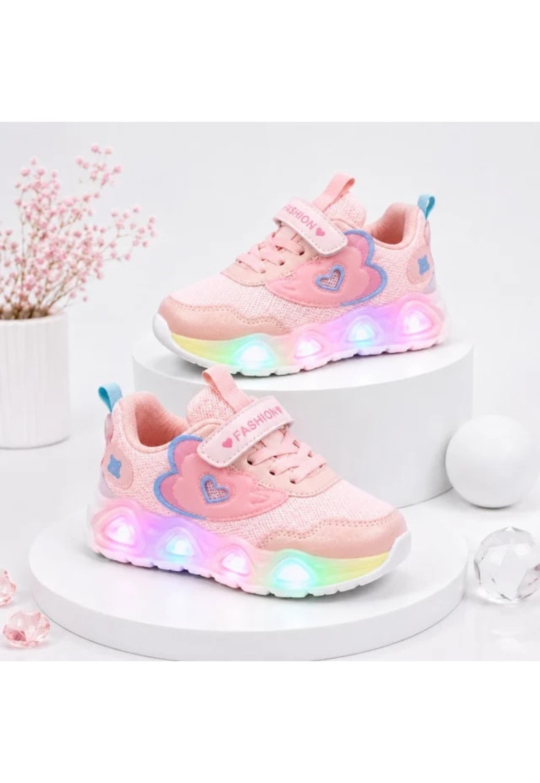 Pantofi sport cu lumini LED - Model Pink Hear - Textil - Fete - Roz - Multicolor