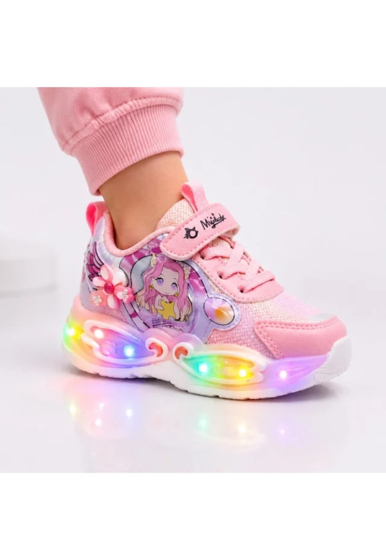 Pantofi sport cu lumini LED - Model Papusica cu invartitoare - Piele ecologica - Fete - Roz - Roz