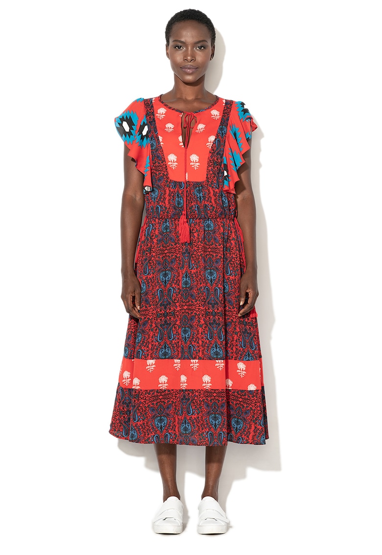 Rochie midi cu model paisley si maneci cu volane Sigrid