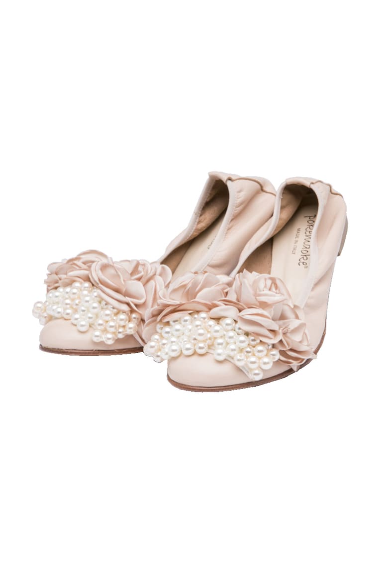 Balerini din piele roz pudra cu flori matase si perle