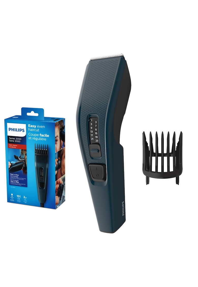 Masina de tuns Seria 3000 HC3505/15 - 13 setari de lungime (0.5-23 mm) - urilizare cu fir - lame din otel inoxidabil cu autoascutire - tehnologie Trim-and-Flow - Negru/Albastru