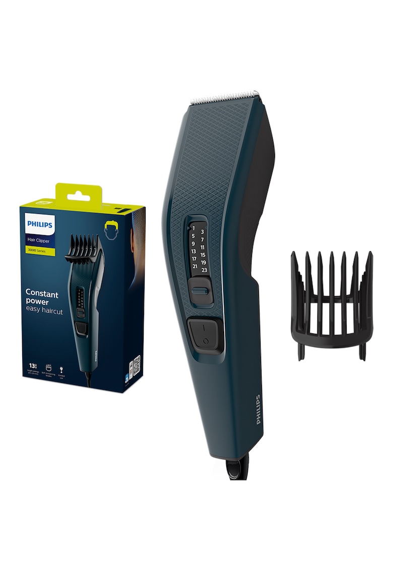 Masina de tuns Seria 3000 HC3505/15 - 13 setari de lungime (0.5-23 mm) - urilizare cu fir - lame din otel inoxidabil cu autoascutire - tehnologie Trim-and-Flow - Negru/Albastru