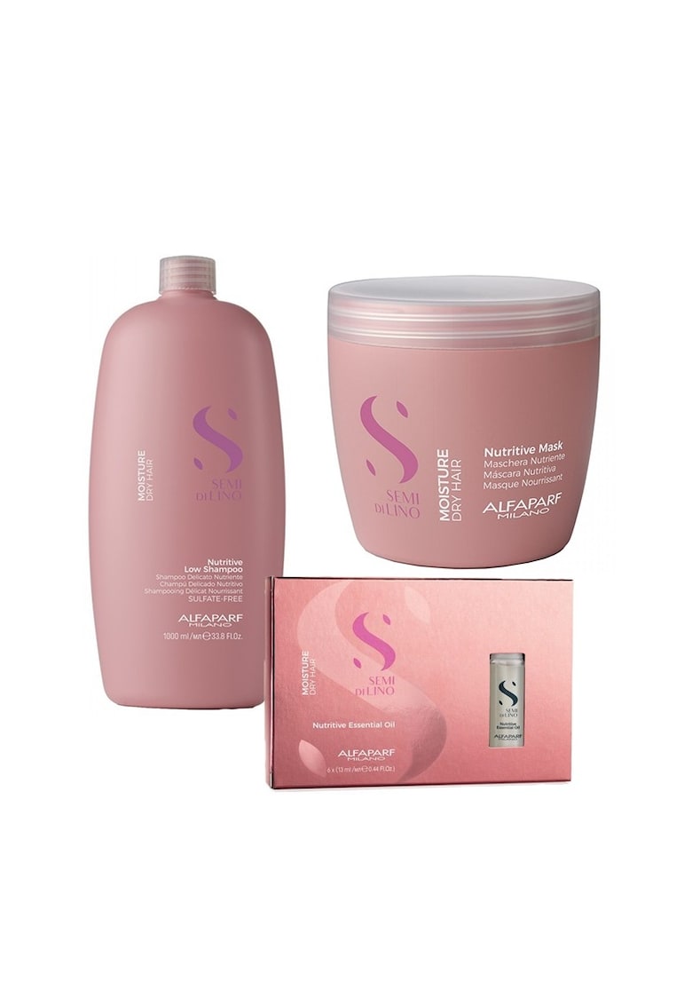 Set Alfaparf Semi Di Lino Moisture Nutritive: 1000 ml - Sampon + 500 ml - Masca + 6 fiole x 13 ml Ulei