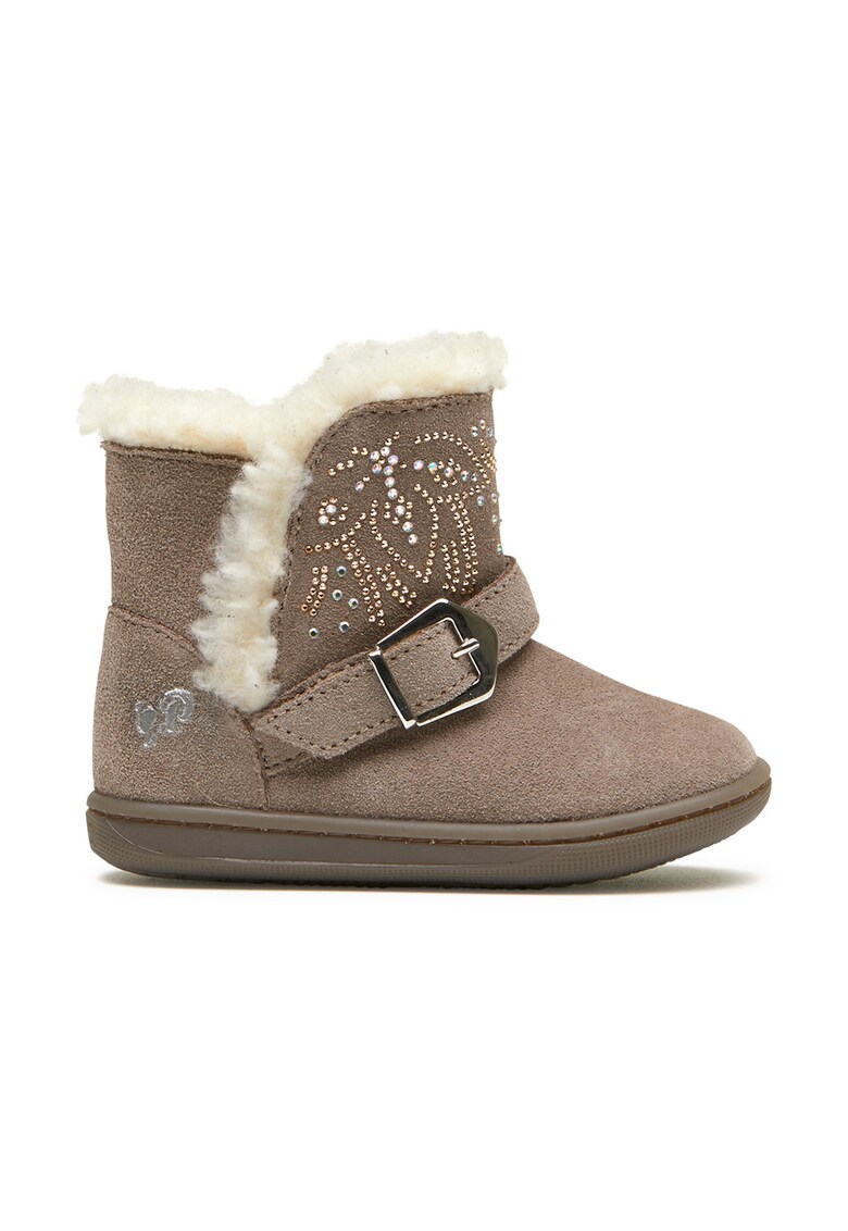 Cizme de piele intoarsa cu decoratiuni si garnituri de blana shearling sintetica
