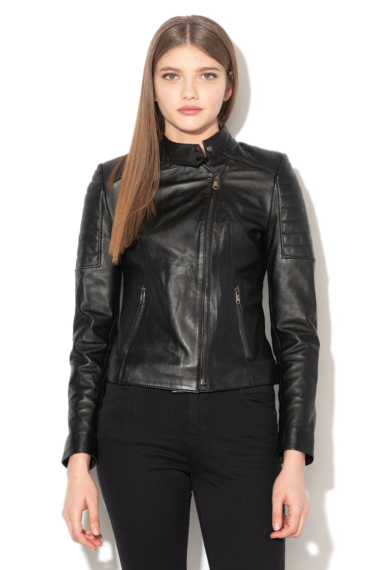 Jacheta biker de piele cu cusaturi decorative