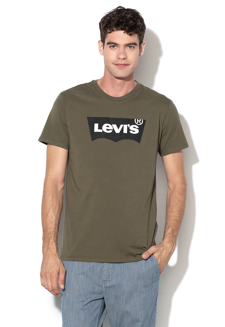 Tricou de bumbac cu imprimeu logo - Alb/Negru/Kaki