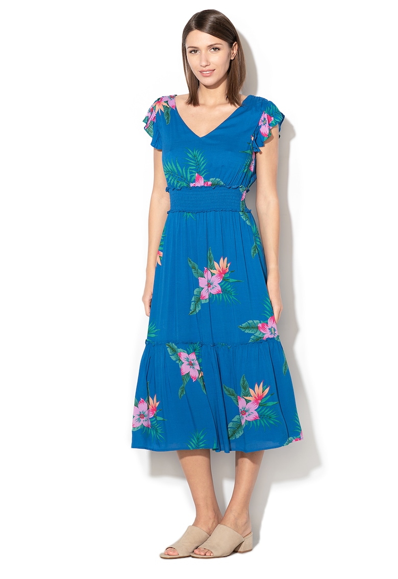 Rochie evazata cu imprimeu floral Moira - Rosu/Albastru