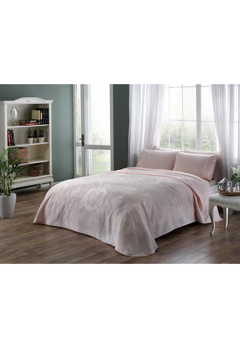 Lenjerie de pat pentru 2 persoane Jaquard cuvertura 230x250 cm - cearceaf pat cu elastic 160x200 cm si 2 fete de perna 50x70 cm - somon