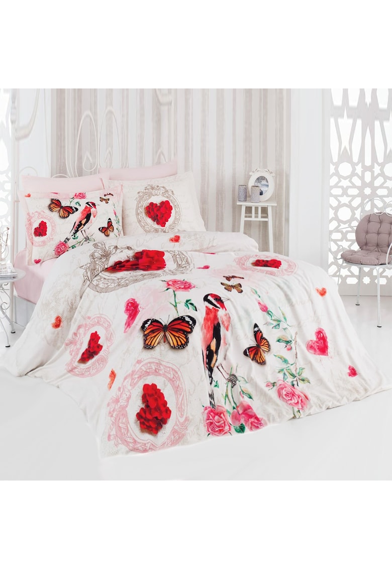 Lenjerie de pat pentru 2 persoane Love Heart 100% bumbac - model fluturi si petale