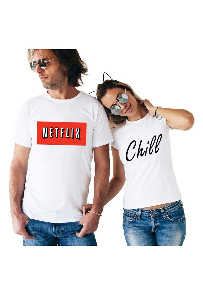 Set doua tricouri albe pentru cupluri - Netflix & Chill