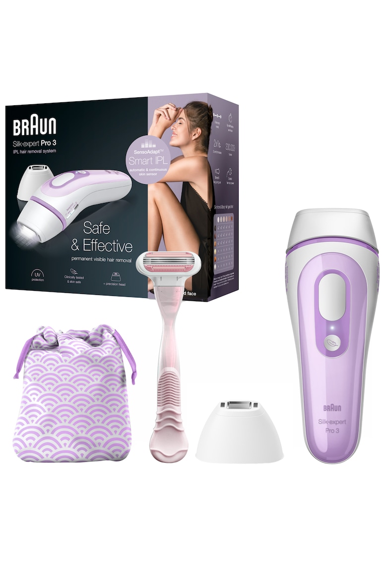 Epilator IPL Silk-expert PRO 3 PL3132 - 300.000 impulsuri - corp si fata - cap de precizie - aparat de ras Venus - Alb/Mov