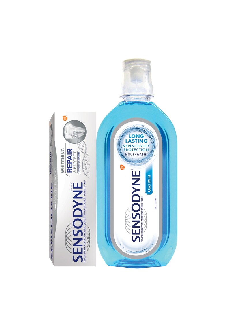 Set ingrijire orala: Pasta de dinti Repair & Protect Whitening 75 ml + Apa de gura Sensodyne Cool Mint - 500 ml