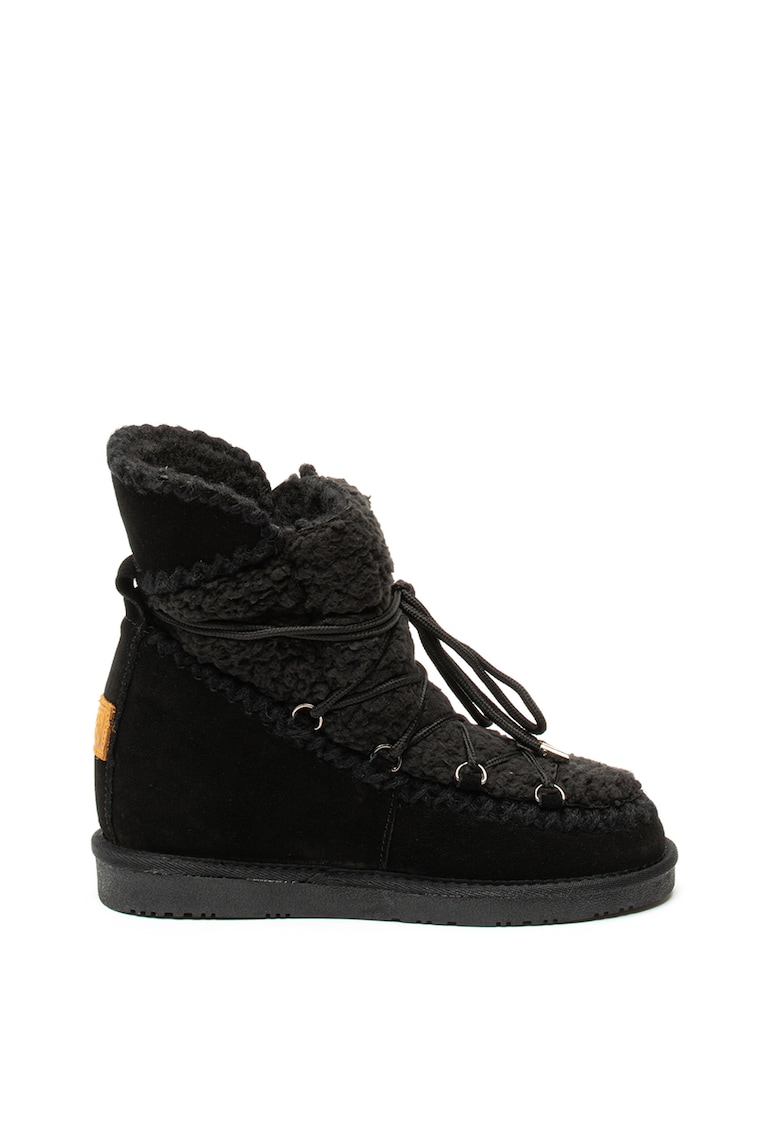 Ghete de piele intoarsa si blana shearling sintetica - cu talpa wedge ascunsa