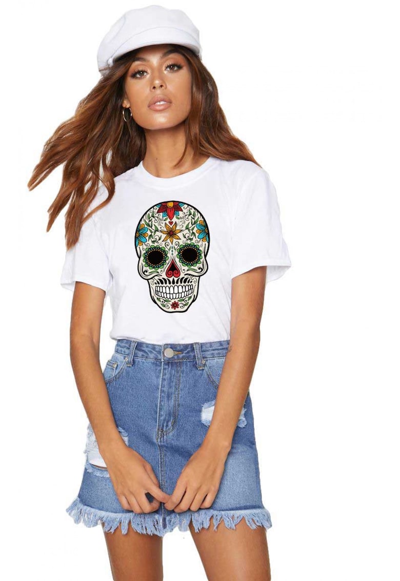 Tricou dama alb - Sugar Skull Colorful