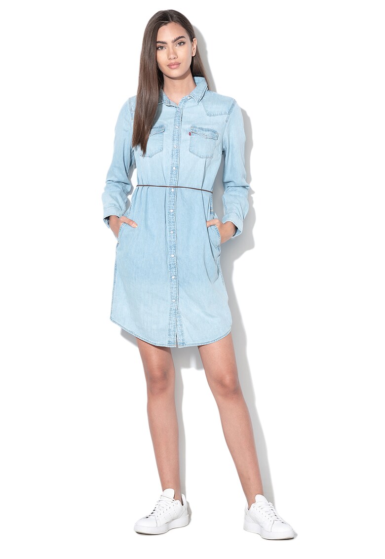 Rochie din bumbac si denim - cu cordon