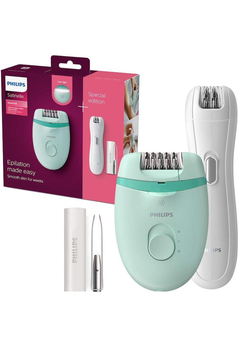 Set epilator Satinelle /00 - 2 setari de viteza - tehnologie Opti-light - mini epilator inclus - penseta cu lumina si oglinda integrate - Turcoaz