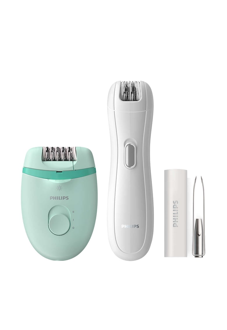 Set epilator Satinelle /00 - 2 setari de viteza - tehnologie Opti-light - mini epilator inclus - penseta cu lumina si oglinda integrate - Turcoaz