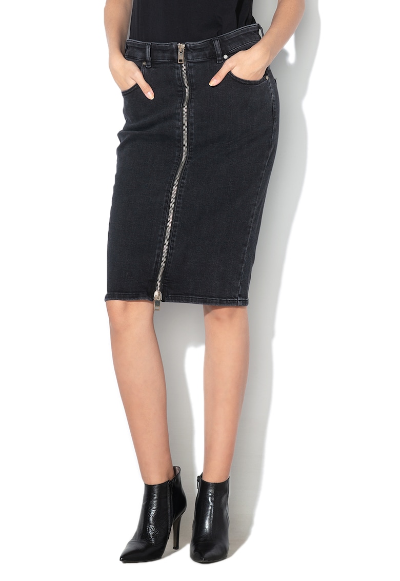 Fusta midi din denim cu fermoar frontal