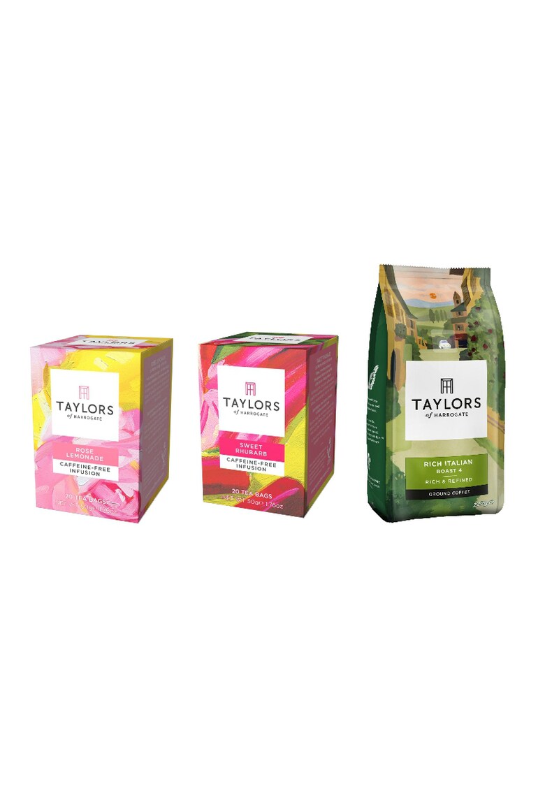 Pachet ceai infuzie Limonada Trandafir - 20 plicuri - infuzie Rubarba Dulce - 20 plicuri - Cafea Macinata Rich Italian - 227 g