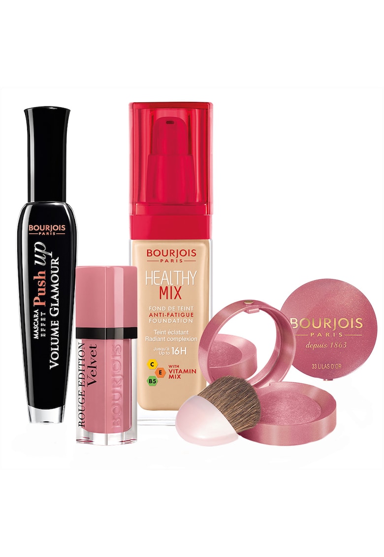 Set : Fond de ten Healthy Mix 52 Vanilla 30 ml - Ruj Rouge Edition Velvet 10 Don\'t Pink Of It 7.7 ml - Fard de obraz 33 Lilas D\'Or 2.5 g - Mascara Volume Glamour Push Up 71 Black 7 ml