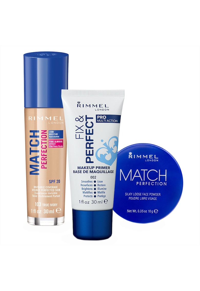 Set London: Fond de ten Match Perfection 103 True Ivory SPF20 30 ml - Pudra pulbere Match Perfection Translucent 10 g - Baza de machiaj Fix & Perfect Pro 5-in-1 002 Transparent 30 ml