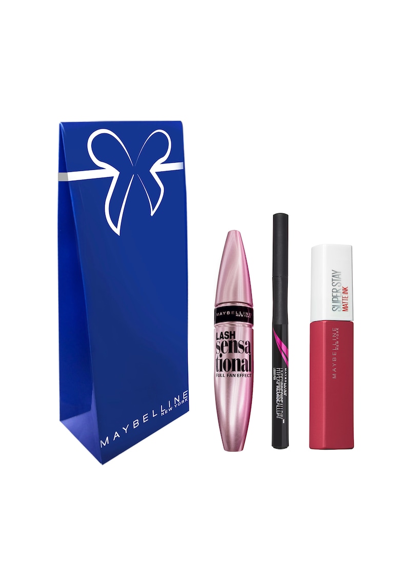 Set : Mascara Maybelline New York Lash Sensational Black 9.5 ml - Tus de ochi carioca Hyper Precise All Day Waterproof Black - Ruj lichid mat rezistent la transfer Superstay Matte 15 Lover