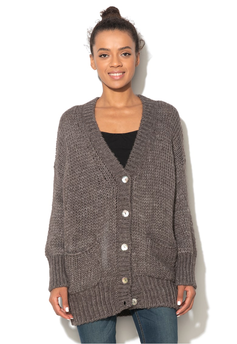 Cardigan tricotat din amestec de lana cu buzunare