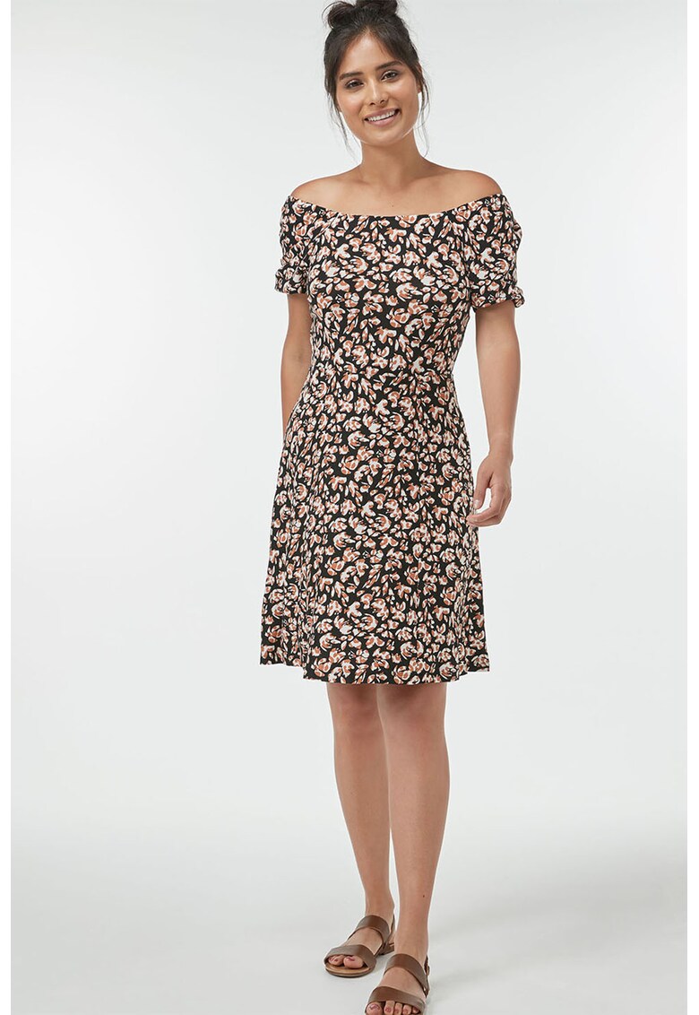 Rochie cu model floral si decolteu pe umeri