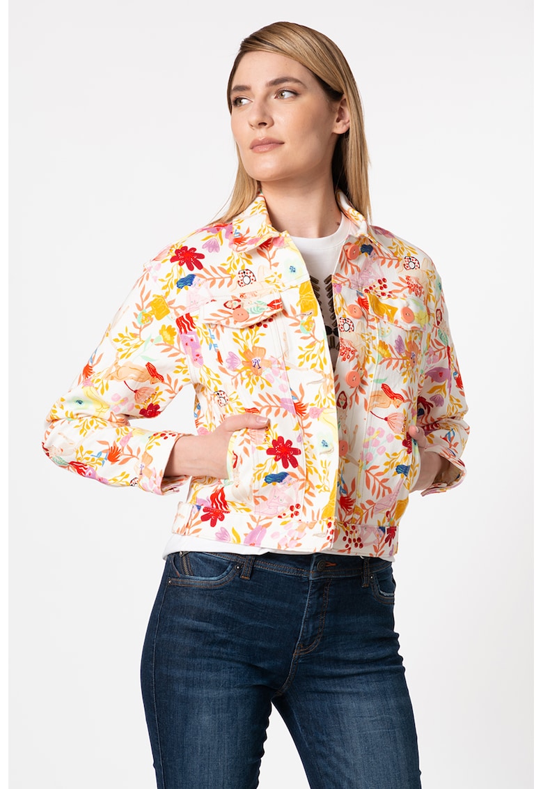 Jacheta de denim cu imprimeu floral Chaq Lisam - Alb/Portocaliu/Roz