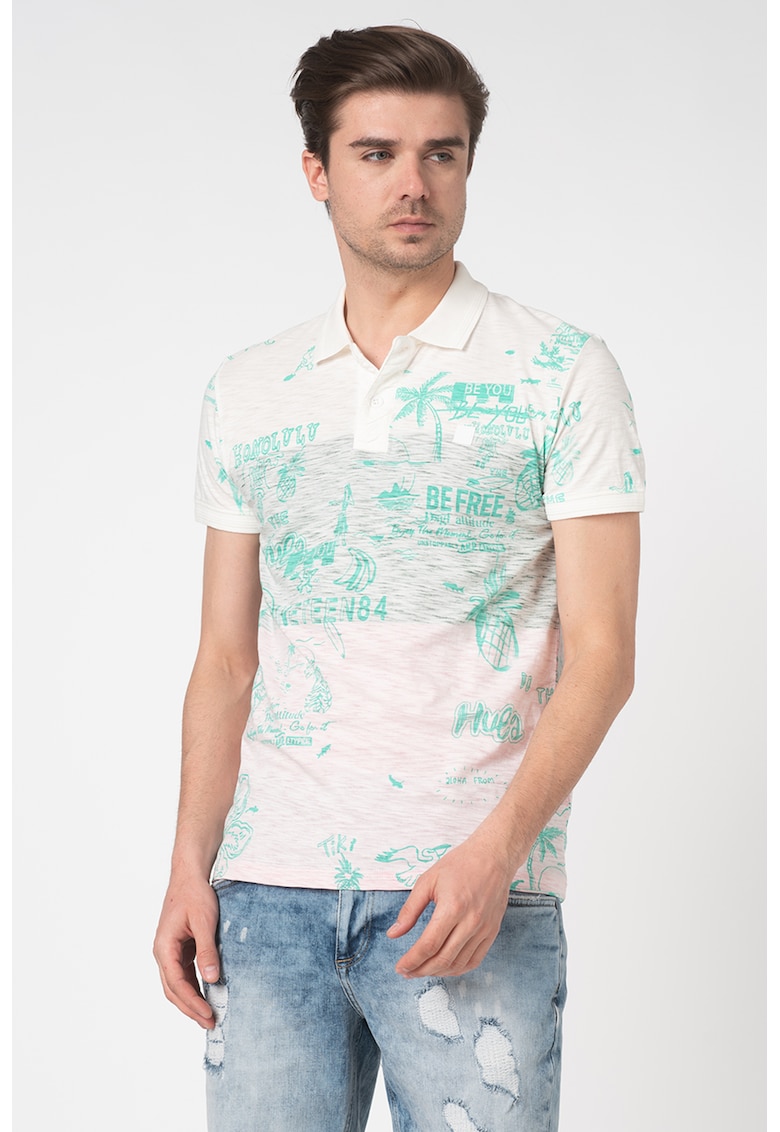 Tricou polo cu model tropical Benjamin - Alb/Verde