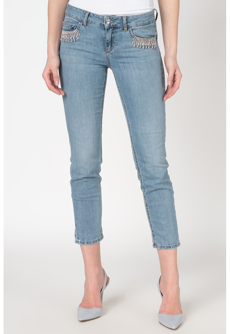 Blugi crop cu detalii cu strasuri - Albastru deschis