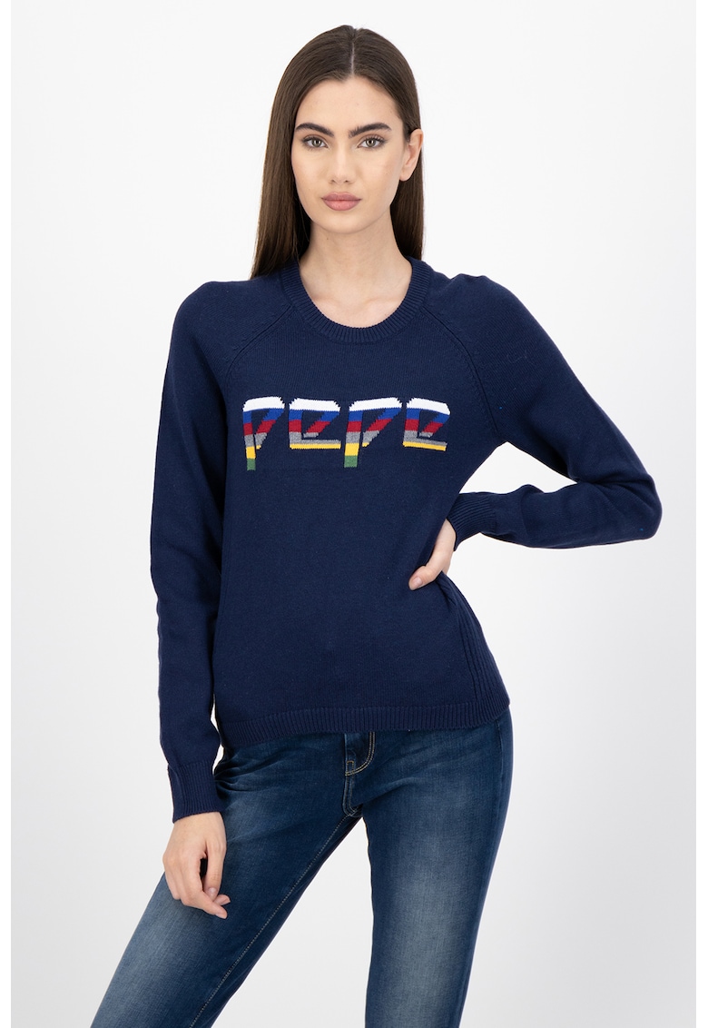 Pulover din amestec de casmir - cu imprimeu Happy - Bleumarin