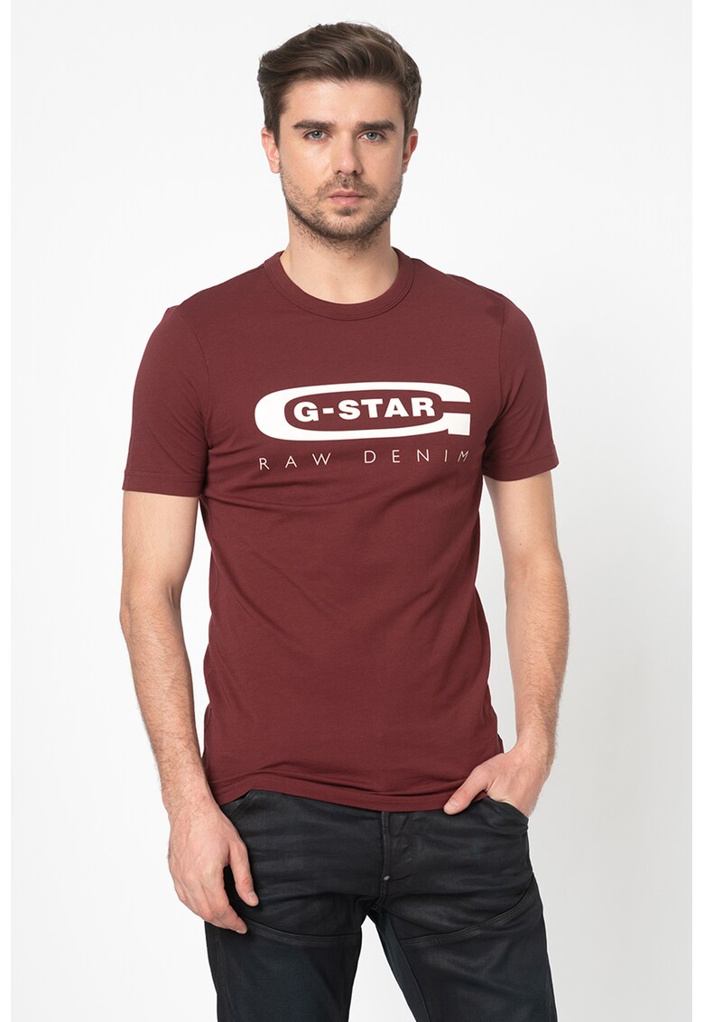 Tricou slim fit cu imprimeu logo si decolteu la baza gatului