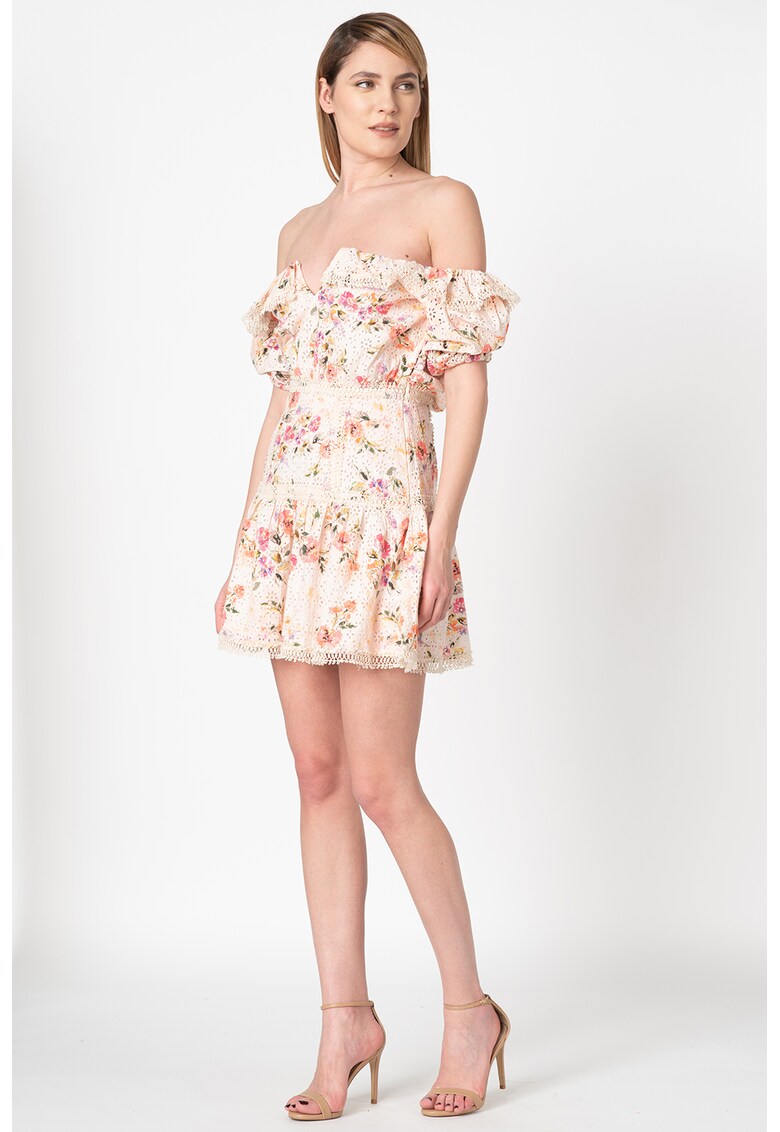 Rochie mini cu decolteu pe umeri si imprimeu floral