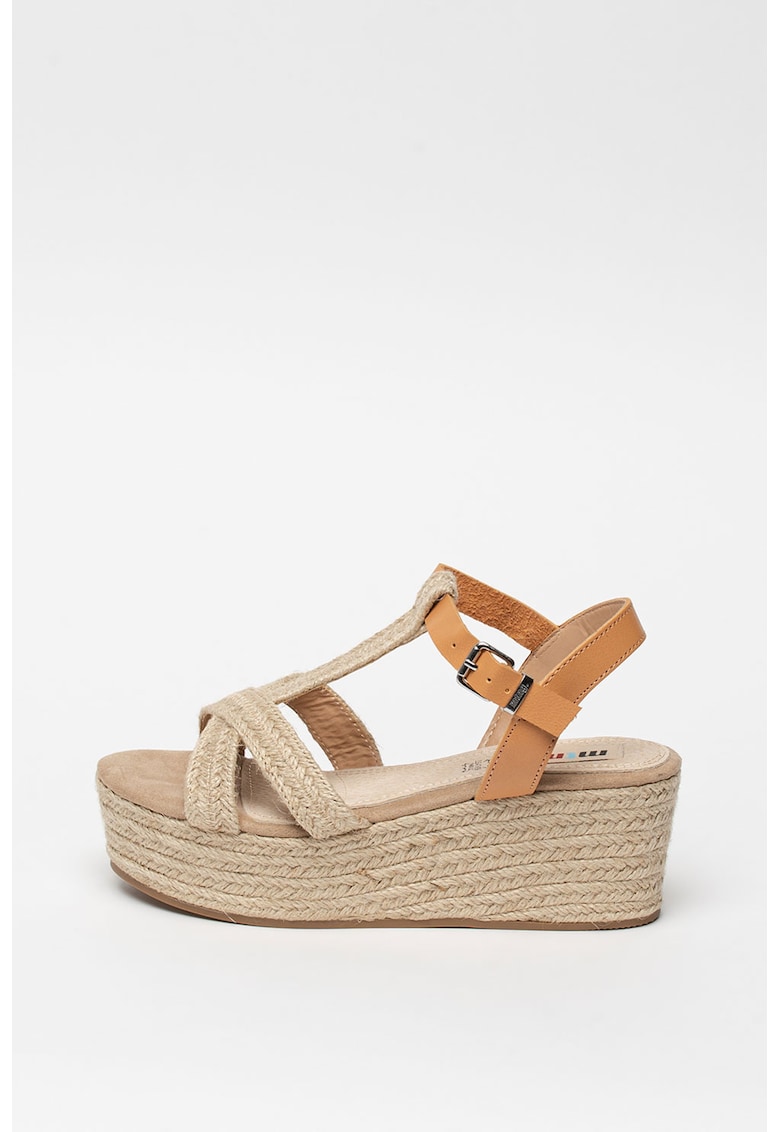 Sandale wedge tip espadrile cu garnituri de piele ecologica