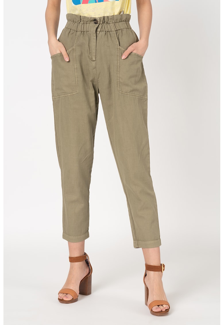 Pantaloni din amestec de in cu talie inalta Lia - Kaki