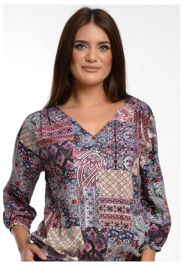 888121490-Bluza Dama Muticolora cu imprimeu si decolteu V