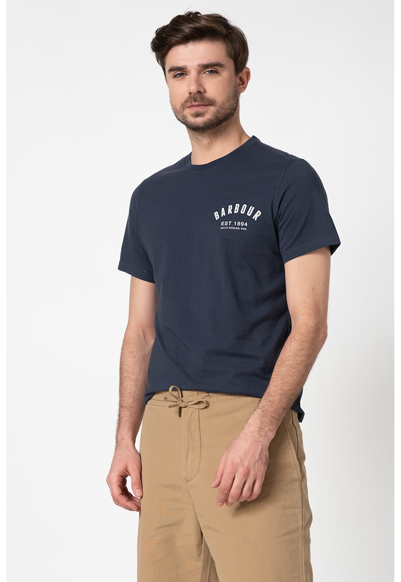 Tricou cu decolteu la baza gatului si imprimeu logo - Bleumarin