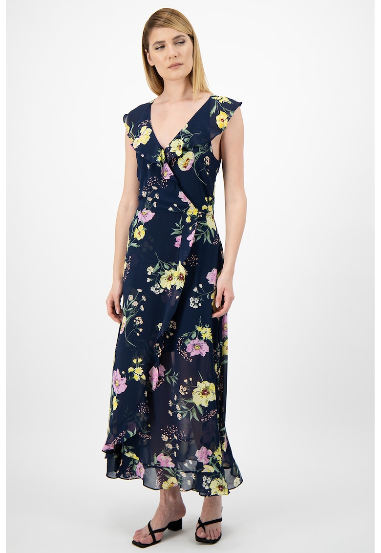 Rochie evazata cu imprimeu floral si volane