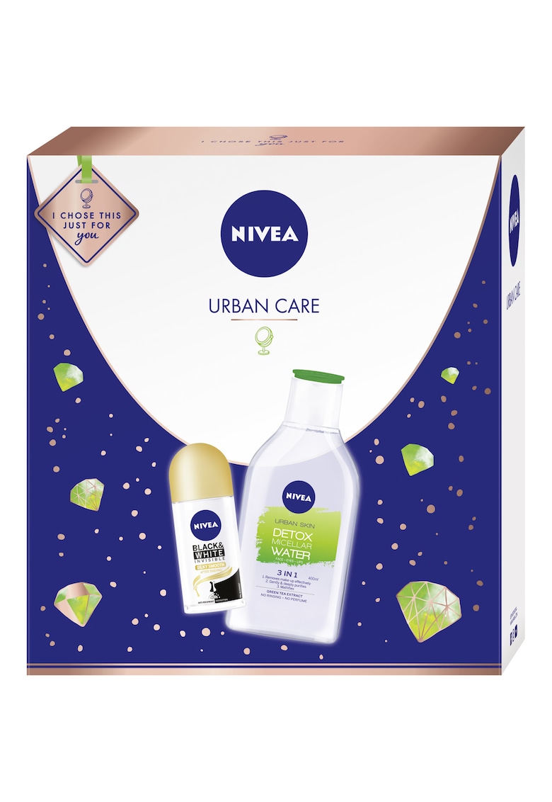 Set ingrijire personala Urban Care: Deodorant roll-on Black&White Invisible Silky Smooth - 50 ml + Apa micelara detoxifianta 3 in 1 cu extract de ceai verde - 400 ml