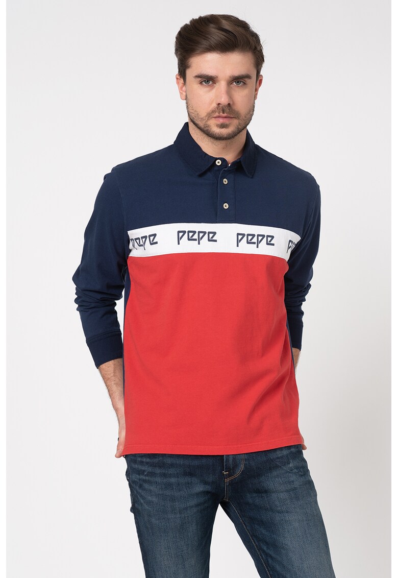 Bluza cu imprimeu logo si model colorblock Faro