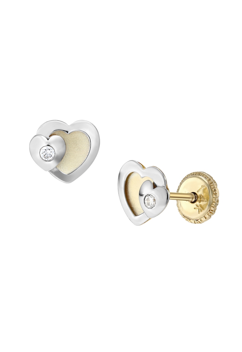 Cercei pentru copii - aur 14K - doua inimioare cu diamant