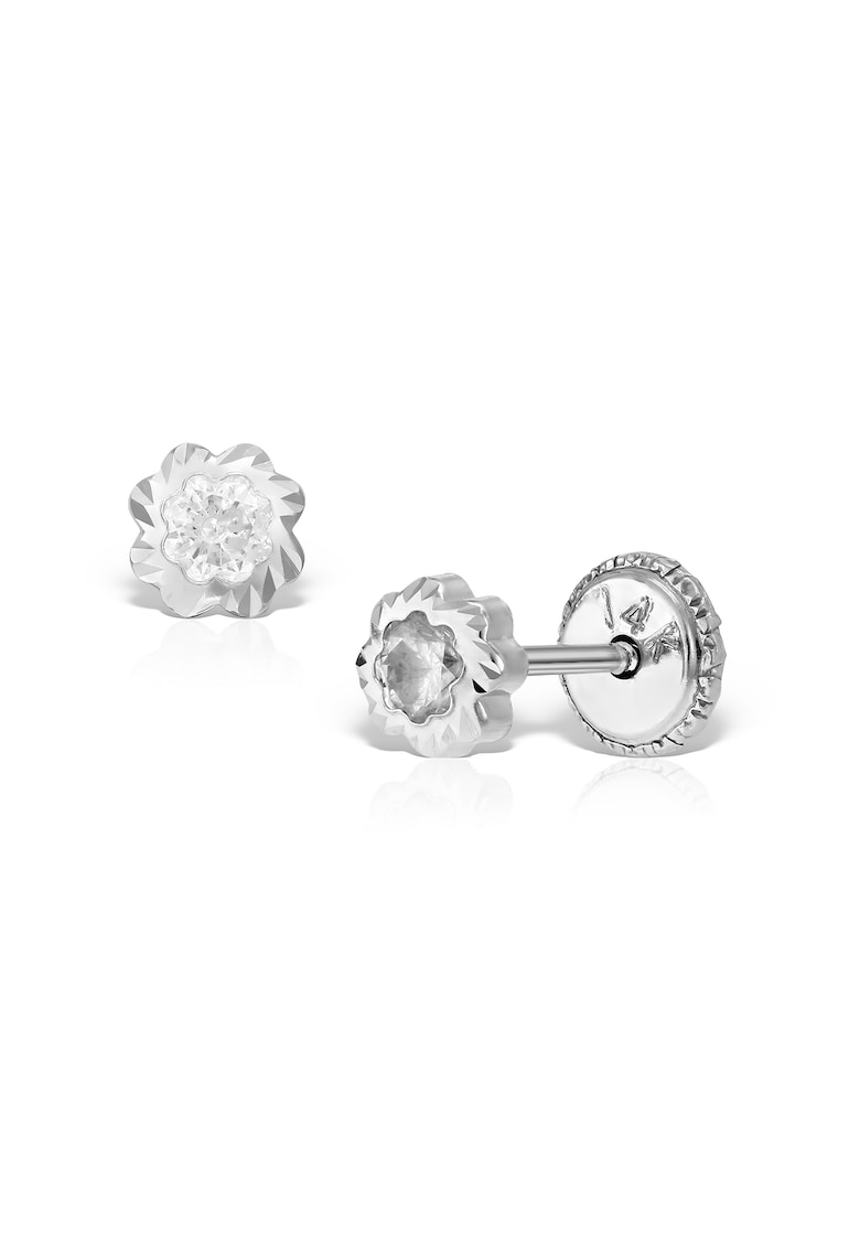 Cercei mici din aur alb cu efect diamantat - bebe si adolescente - inchidere cu protectie