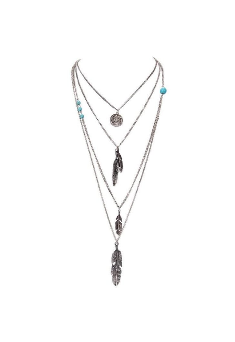 Colier cu 4 straturi - cu pene si banut - argintiu - Aava C1 - Aliaj metalic - Argintiu