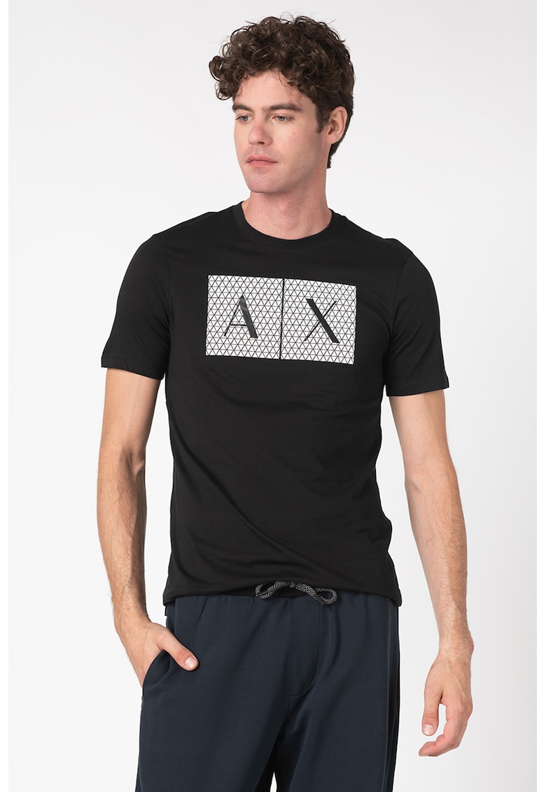 Tricou slim fit de bumbac cu imprimeu logo - Negru
