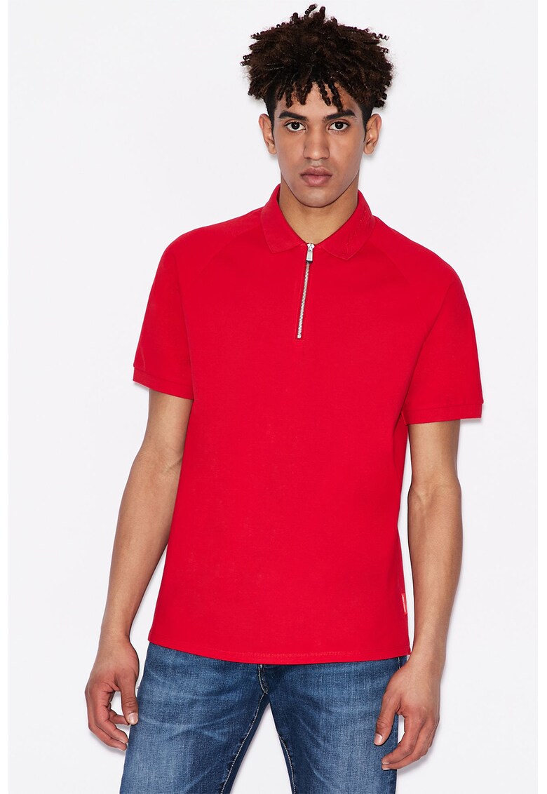 Tricou polo din material pique cu fenta cu fermoar