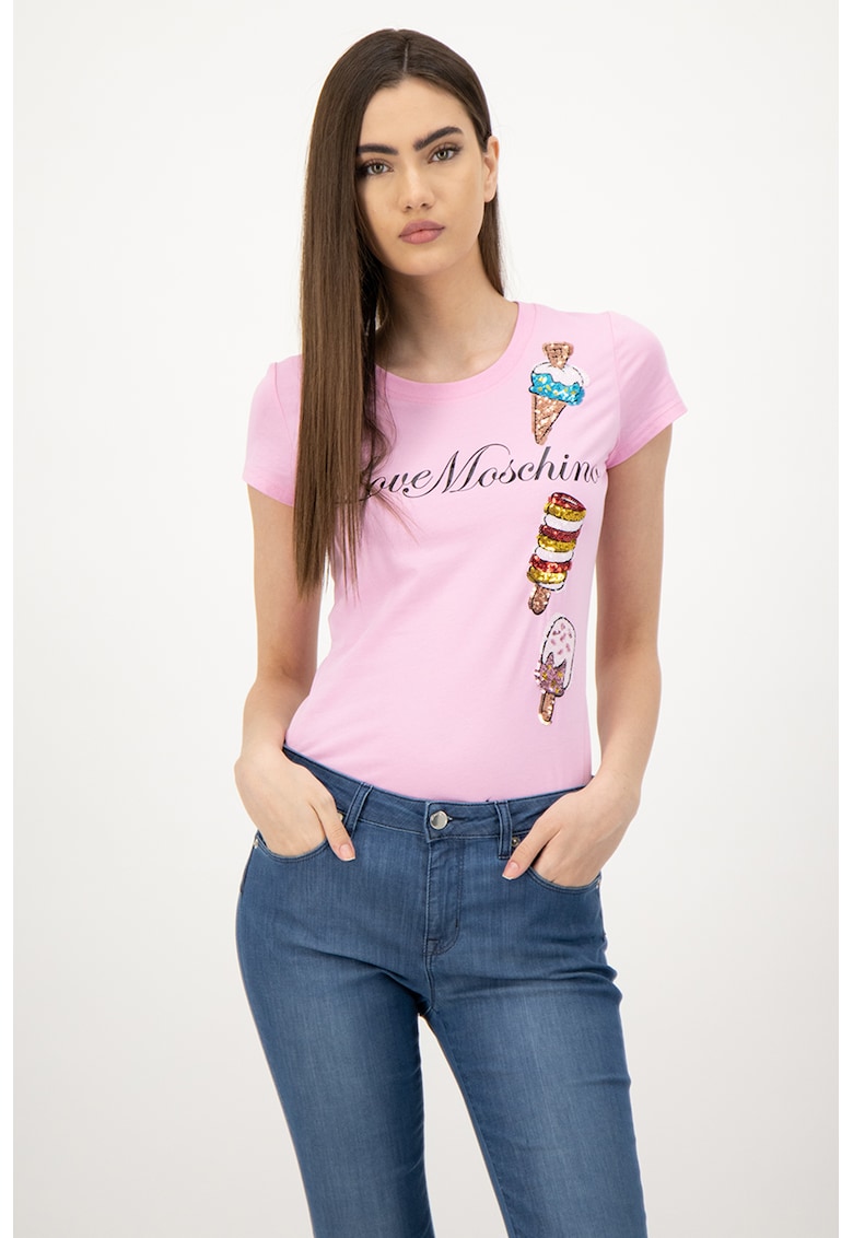 Tricou cu decolteu la baza gatului si aplicatii de paiete
